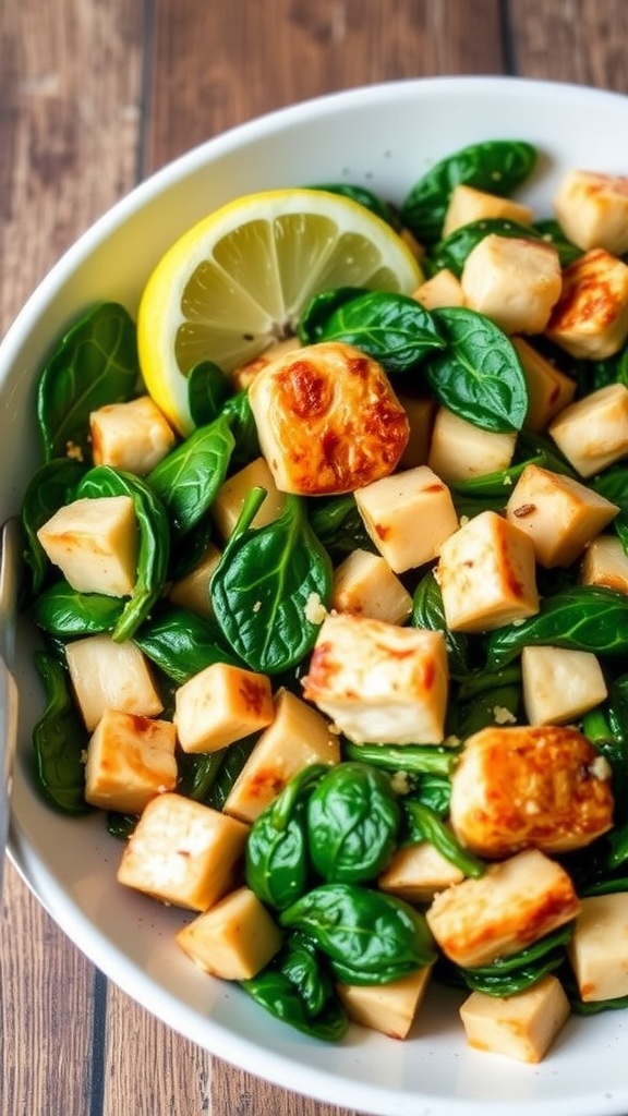 Whole30 spinach and chicken skillet with diced chicken and fresh spinach on a rustic wooden table.